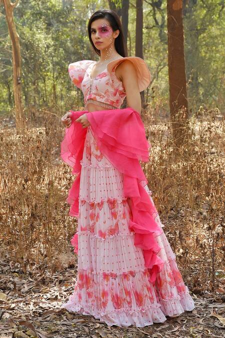 Disha Kahai Pink Georgette, Organza Beads V-neck Printed And Embroidered Blouse Lehenga Set Online at Aza Fashions Disha Kahai_Pink Georgette, Organza Beads V-neck Printed And Embroidered Blouse Lehenga Set_Online_at_Aza_Fashions