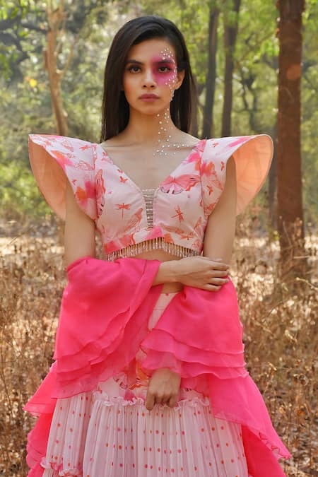 Buy Disha Kahai Pink Georgette, Organza Beads V-neck Printed And Embroidered Blouse Lehenga Set Online at Aza Fashions Buy_Disha Kahai_Pink Georgette, Organza Beads V-neck Printed And Embroidered Blouse Lehenga Set_Online_at_Aza_Fashions