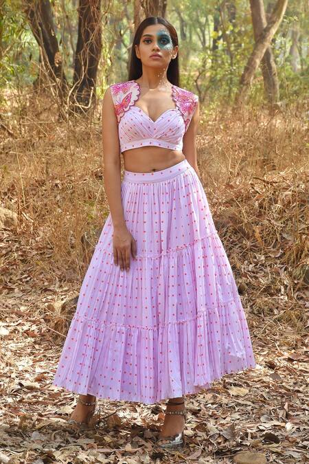 Buy Disha Kahai Pink Crepe, Silk Sequins, Embroidery Sweetheart Printed Lehenga Set With Jacket Online at Aza Fashions Buy_Disha Kahai_Pink Crepe, Silk Sequins, Embroidery Sweetheart Printed Lehenga Set With Jacket_Online_at_Aza_Fashions