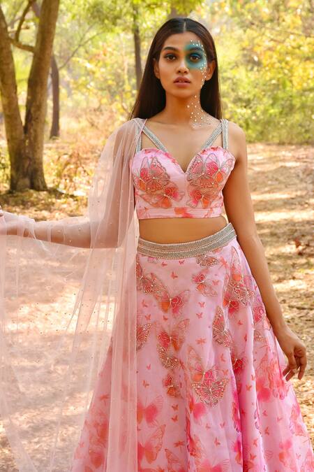 Buy_Disha Kahai_Pink Organza, Net Pearls, Beads V-neck Butterfly Print And Embroidered Lehenga Set_Online_at_Aza_Fashions