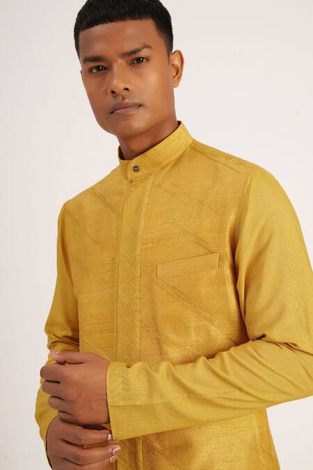 Dhruv Vaish_Yellow Raw  Cotton Diagonal Embroidered Hybrid Kurta Set_Online_at_Aza_Fashions