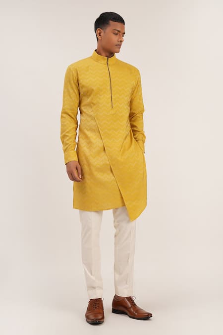 Dhruv Vaish Yellow Cotton Silk Zig Zag Pattern Asymmetric Kurta Set Online at Aza Fashions Dhruv Vaish_Yellow Cotton Silk Zig Zag Pattern Asymmetric Kurta Set_Online_at_Aza_Fashions