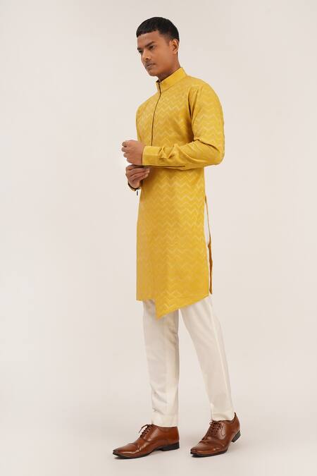 Buy Dhruv Vaish Yellow Cotton Silk Zig Zag Pattern Asymmetric Kurta Set Online at Aza Fashions Buy_Dhruv Vaish_Yellow Cotton Silk Zig Zag Pattern Asymmetric Kurta Set_Online_at_Aza_Fashions