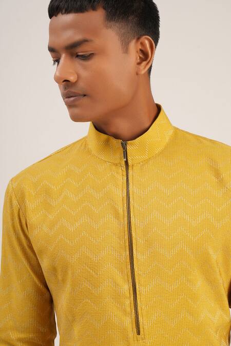 Shop Dhruv Vaish Yellow Cotton Silk Zig Zag Pattern Asymmetric Kurta Set Online at Aza Fashions Shop_Dhruv Vaish_Yellow Cotton Silk Zig Zag Pattern Asymmetric Kurta Set_Online_at_Aza_Fashions