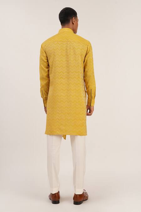 Shop Dhruv Vaish Yellow Cotton Silk Zig Zag Pattern Asymmetric Kurta Set at Aza Fashions Shop_Dhruv Vaish_Yellow Cotton Silk Zig Zag Pattern Asymmetric Kurta Set_at_Aza_Fashions