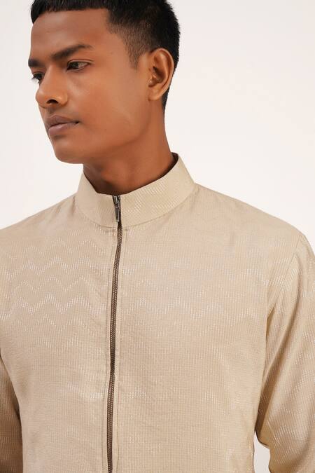 Buy_Dhruv Vaish_Beige Cotton Silk Zig Zag Pattern Asymmetric Kurta Set_Online_at_Aza_Fashions