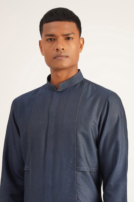Dhruv Vaish_Blue Cotton Silk Panelled Kurta Set_Online_at_Aza_Fashions