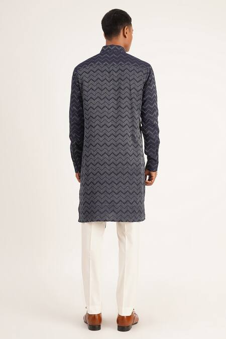 Shop Dhruv Vaish Blue Cotton Silk Zig Zag Pattern Asymmetric Kurta Set at Aza Fashions Shop_Dhruv Vaish_Blue Cotton Silk Zig Zag Pattern Asymmetric Kurta Set_at_Aza_Fashions