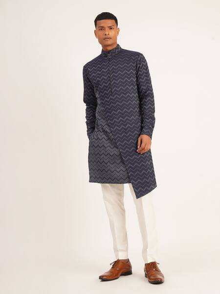Dhruv Vaish_Blue Cotton Silk Zig Zag Pattern Asymmetric Kurta Set_Online_at_Aza_Fashions