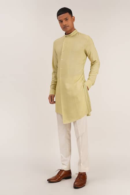 Dhruv Vaish_Green Cotton Silk Thread Asymmetric Kurta Set_Online_at_Aza_Fashions