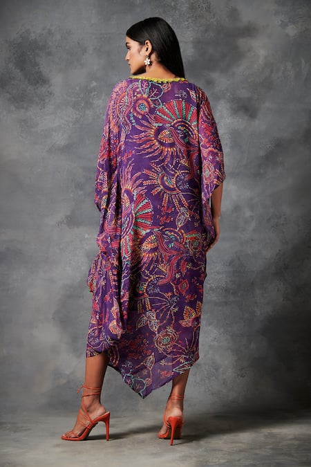 Shop Saundh Purple Viscose Georgette, Inner Muslin Silk Fringe Lace And Darkha Print Kaftan at Aza Fashions Shop_Saundh_Purple Viscose Georgette, Inner Muslin Silk Fringe Lace And Darkha Print Kaftan _at_Aza_Fashions