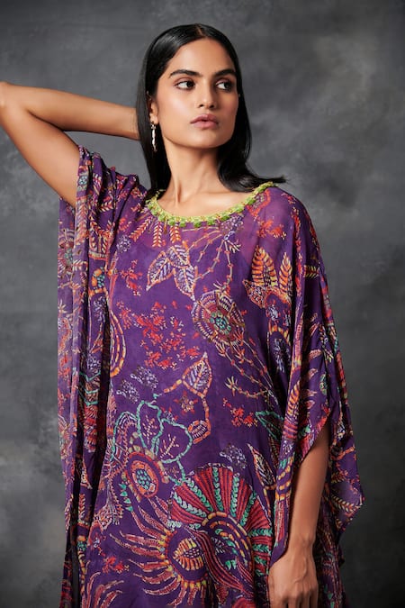 Shop Saundh Purple Viscose Georgette, Inner Muslin Silk Fringe Lace And Darkha Print Kaftan Online at Aza Fashions Shop_Saundh_Purple Viscose Georgette, Inner Muslin Silk Fringe Lace And Darkha Print Kaftan _Online_at_Aza_Fashions