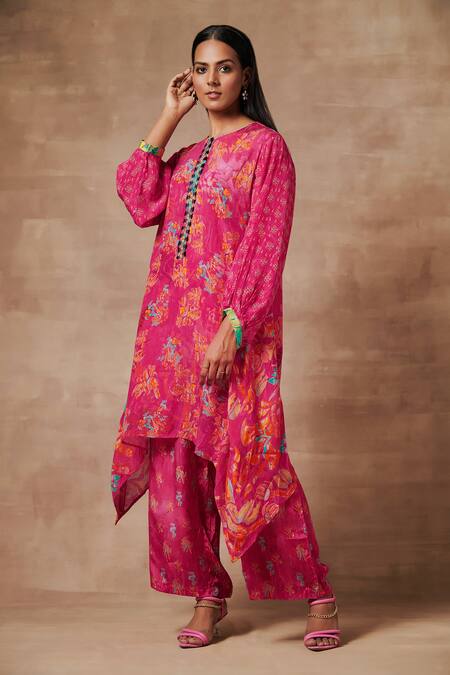 Saundh Pink Bemberg Crepe Darkha Printed Kurta And Palazzo Set Online at Aza Fashions Saundh_Pink Bemberg Crepe Darkha Printed Kurta And Palazzo Set_Online_at_Aza_Fashions
