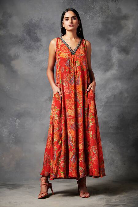 Buy_Saundh_Red Darkha Marine Plant Print Jumpsuit _Online_at_Aza_Fashions