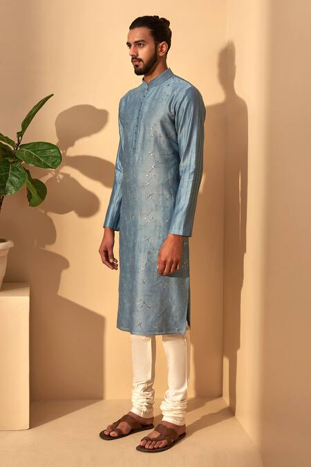 Dhruv Vaish Blue Silk Chanderi, Terry Embroidered Kurta Set Online at Aza Fashions Dhruv Vaish_Blue Silk Chanderi, Terry Embroidered Kurta Set _Online_at_Aza_Fashions