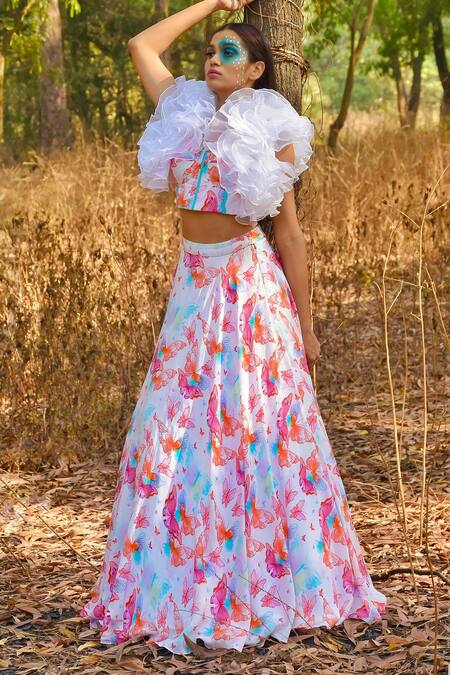 Shop_Disha Kahai_Multi Color Crepe, Organza Ruffles Butterfly Print Lehenga Set With Jacket_Online_at_Aza_Fashions
