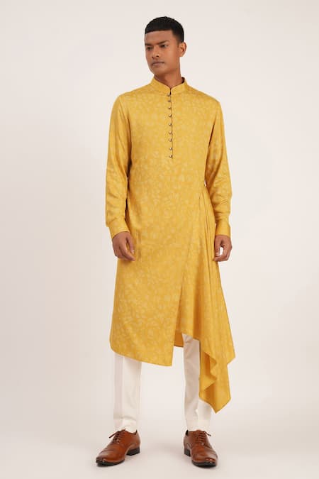 Dhruv Vaish Gold Cotton Satin Printed Floral Side Draped Kurta Set  