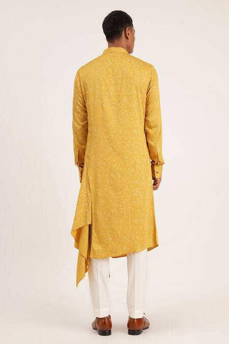 Shop_Dhruv Vaish_Gold Cotton Satin Floral Printed Side Draped Kurta Set_at_Aza_Fashions