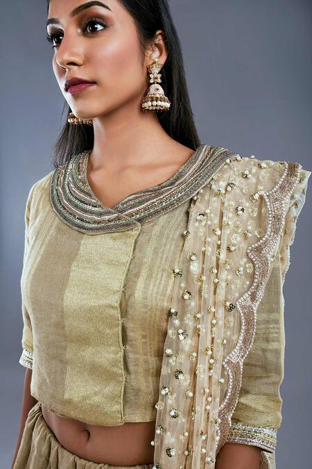 Shop_Divya Kanakia_Beige Linen Pearls, Sequins Shawl Collar Lehenga Set With Embellished Dupatta_Online_at_Aza_Fashions