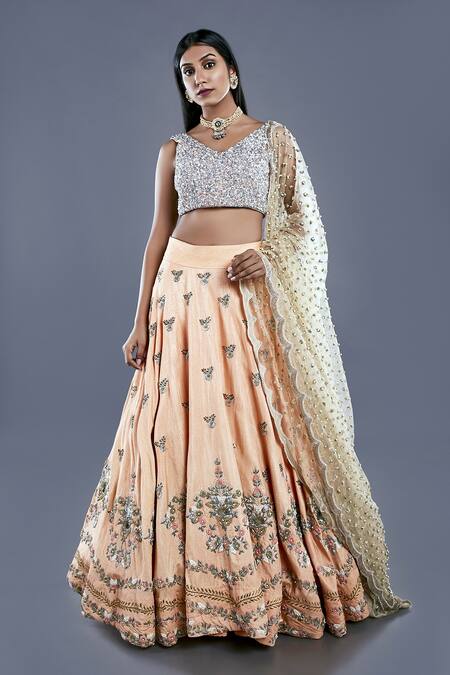 Divya Kanakia Orange Raw Silk, Net Sequins, Glass Pipe And Pearl V Neck Embroidered Lehenga Set 