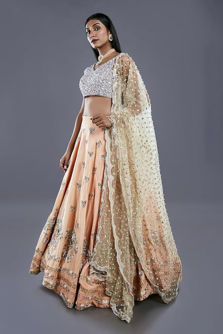 Shop_Divya Kanakia_Orange Raw Silk, Net Sequins, Glass Pipe And Pearl V Neck Embroidered Lehenga Set _at_Aza_Fashions