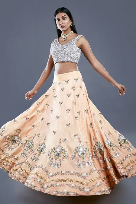 Divya Kanakia_Orange Raw Silk, Net Sequins, Glass Pipe And Pearl V Neck Embroidered Lehenga Set _Online_at_Aza_Fashions
