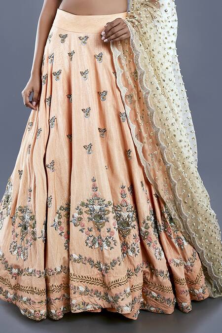Buy_Divya Kanakia_Orange Raw Silk, Net Sequins, Glass Pipe And Pearl V Neck Embroidered Lehenga Set _Online_at_Aza_Fashions