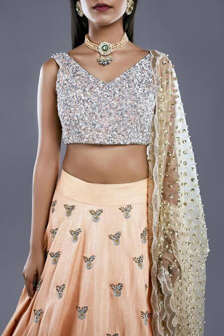 Shop_Divya Kanakia_Orange Raw Silk, Net Sequins, Glass Pipe And Pearl V Neck Embroidered Lehenga Set _Online_at_Aza_Fashions
