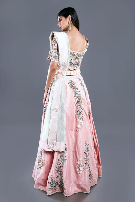 Shop Divya Kanakia Peach Raw Silk, Soft Tissue Thread And Sequins, Floral Embroidered Lehenga Set at Aza Fashions Shop_Divya Kanakia_Peach Raw Silk, Soft Tissue Thread And Sequins, Floral Embroidered Lehenga Set _at_Aza_Fashions