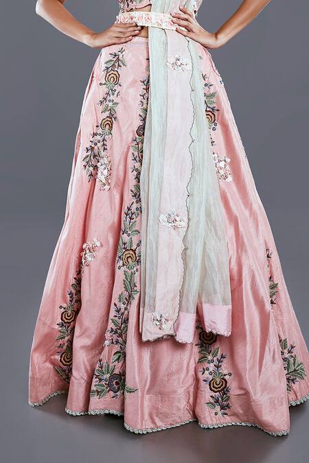 Shop Divya Kanakia Peach Raw Silk, Soft Tissue Thread And Sequins, Floral Embroidered Lehenga Set Online at Aza Fashions Shop_Divya Kanakia_Peach Raw Silk, Soft Tissue Thread And Sequins, Floral Embroidered Lehenga Set _Online_at_Aza_Fashions