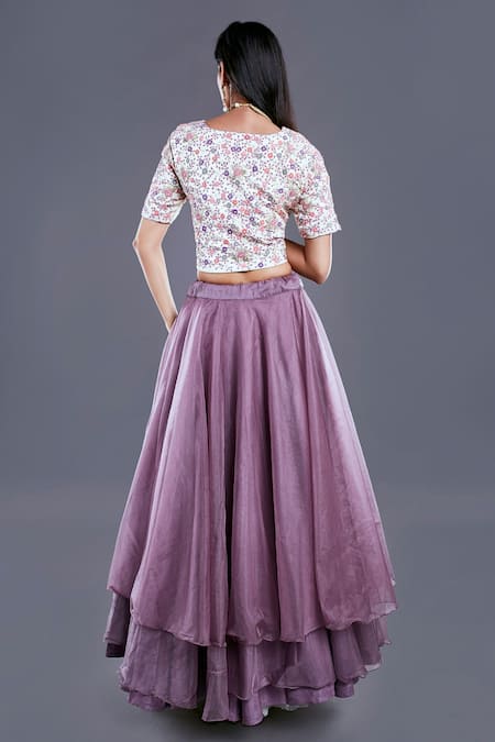 Shop_Divya Kanakia_Purple Organza French Knot And Thread Work Layered Lehenga Set With Ruffle Dupatta _at_Aza_Fashions
