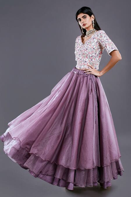 Divya Kanakia_Purple Organza French Knot And Thread Work Layered Lehenga Set With Ruffle Dupatta _Online_at_Aza_Fashions