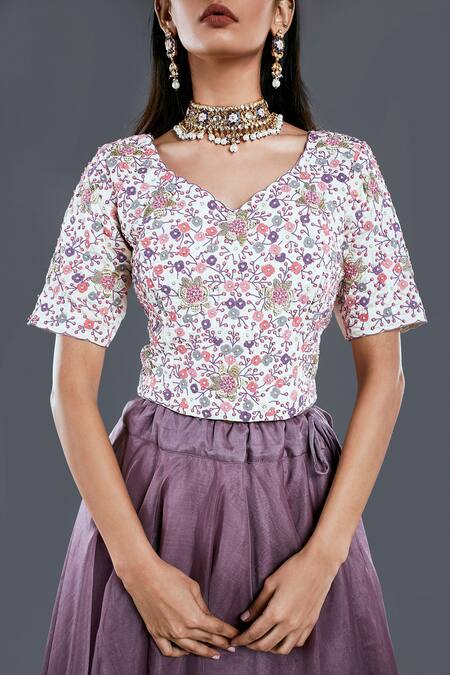 Shop_Divya Kanakia_Purple Organza French Knot And Thread Work Layered Lehenga Set With Ruffle Dupatta _Online_at_Aza_Fashions