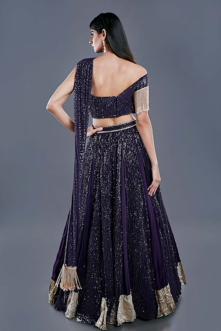 Shop_Divya Kanakia_Purple Georgette Sequins One Shoulder Lehenga And Draped Blouse Set _at_Aza_Fashions