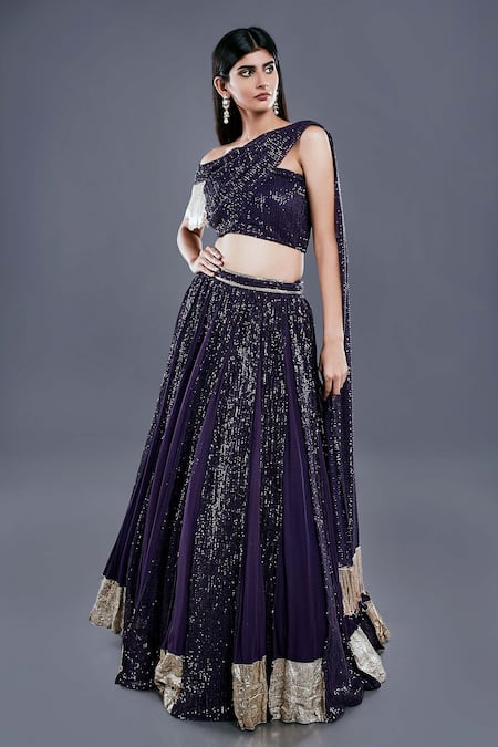 Divya Kanakia_Purple Georgette Sequins One Shoulder Lehenga And Draped Blouse Set _Online_at_Aza_Fashions