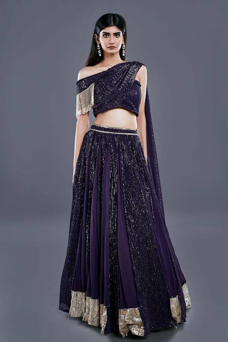 Buy_Divya Kanakia_Purple Georgette Sequins One Shoulder Lehenga And Draped Blouse Set _Online_at_Aza_Fashions