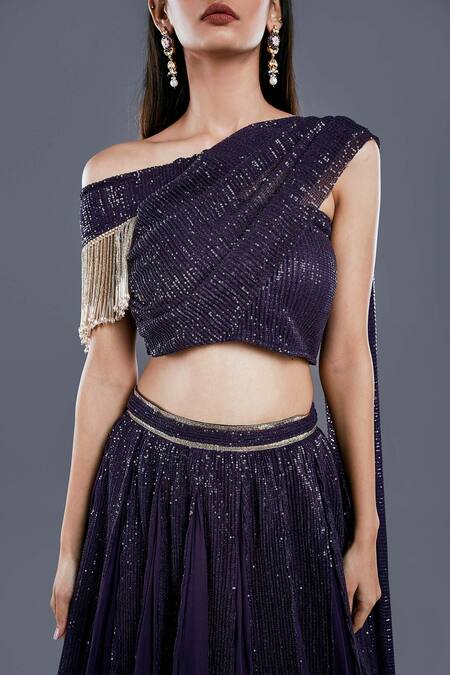 Divya Kanakia_Purple Georgette Sequins One Shoulder Lehenga And Draped Blouse Set _at_Aza_Fashions