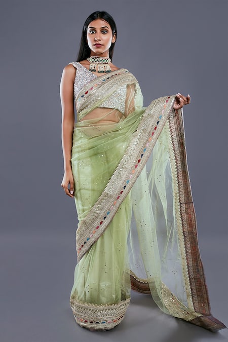 Divya Kanakia Green Net Sequins V Neck Saree With Blouse 