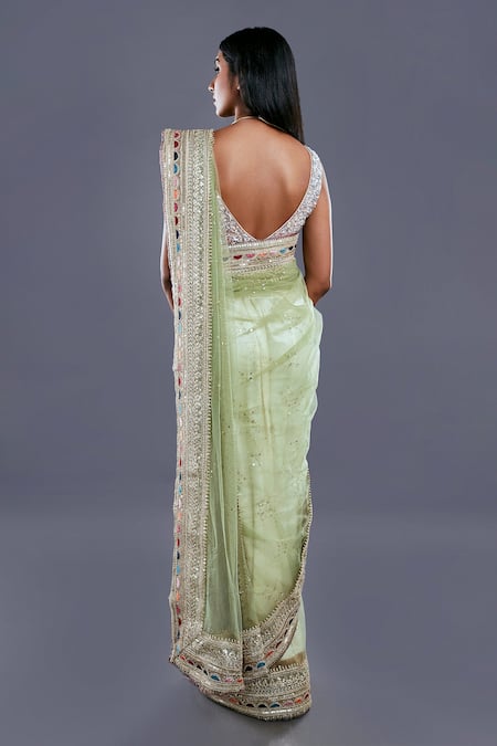 Shop_Divya Kanakia_Green Net Sequins V Neck Saree With Blouse _at_Aza_Fashions