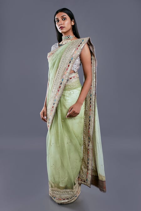 Divya Kanakia_Green Net Sequins V Neck Saree With Blouse _Online_at_Aza_Fashions