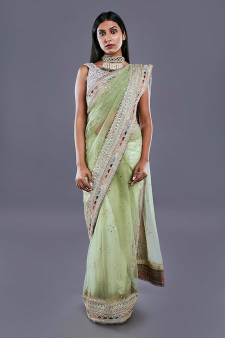Buy_Divya Kanakia_Green Net Sequins V Neck Saree With Blouse _Online_at_Aza_Fashions