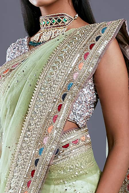 Shop_Divya Kanakia_Green Net Sequins V Neck Saree With Blouse _Online_at_Aza_Fashions