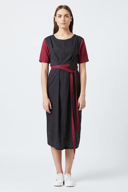 Buy_Doodlage_Black Upcycled Cotton Round Midi Dress _Online_at_Aza_Fashions