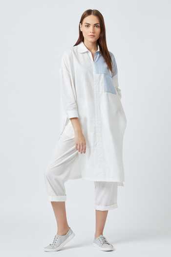 Doodlage_White Upcycled Cotton Spread Collar High Low Tunic _Online_at_Aza_Fashions