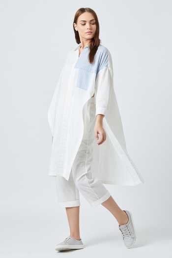 Buy_Doodlage_White Upcycled Cotton Spread Collar High Low Tunic _Online_at_Aza_Fashions