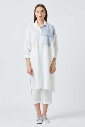 Shop_Doodlage_White Upcycled Cotton Spread Collar High Low Tunic _Online_at_Aza_Fashions