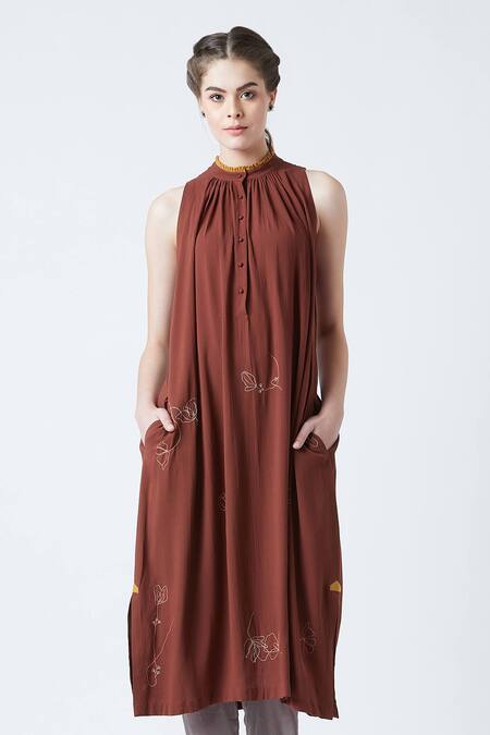 Doodlage_Maroon Upcycled Rayon Crepe Grace Embroidered Tunic_at_Aza_Fashions