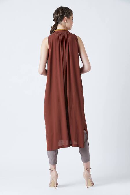 Shop_Doodlage_Maroon Upcycled Rayon Crepe Grace Embroidered Tunic_at_Aza_Fashions