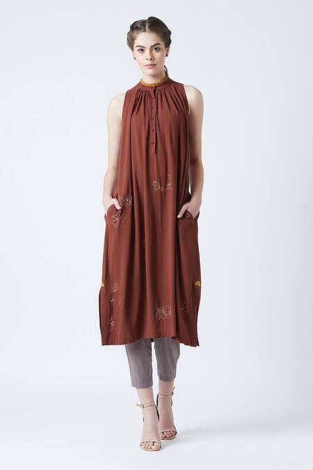 Doodlage_Maroon Upcycled Rayon Crepe Grace Embroidered Tunic_Online_at_Aza_Fashions