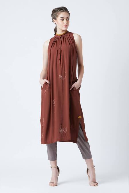 Shop_Doodlage_Maroon Upcycled Rayon Crepe Grace Embroidered Tunic_Online_at_Aza_Fashions